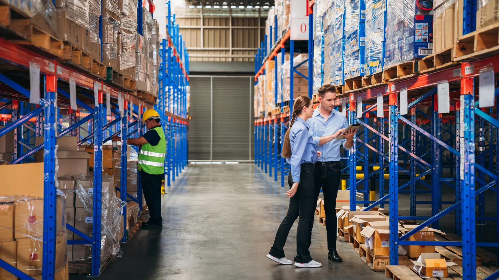 Warehouse manager checking barcodes on a digital tablet