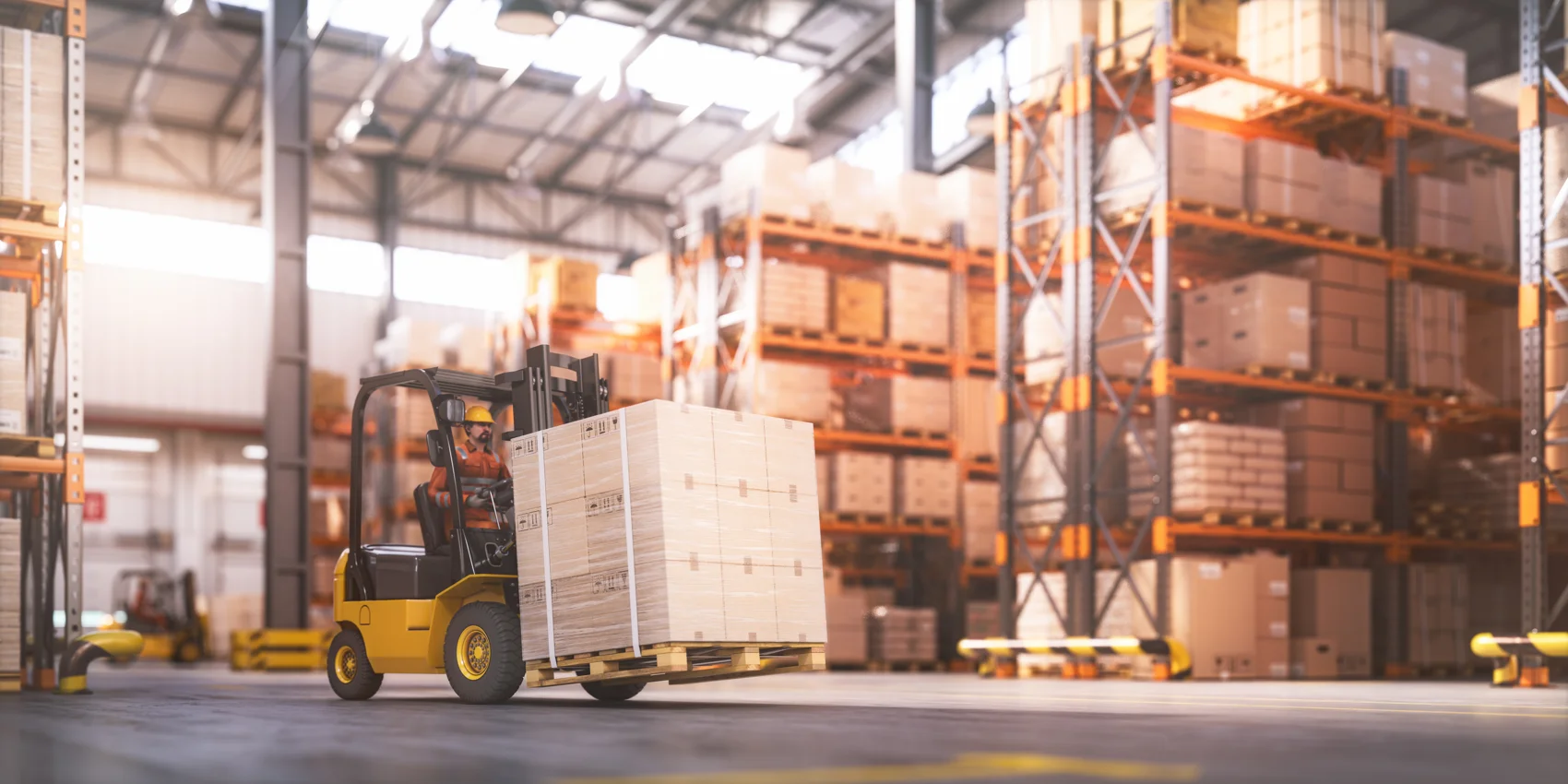Retail warehouse shelves stocked with cardboard boxes